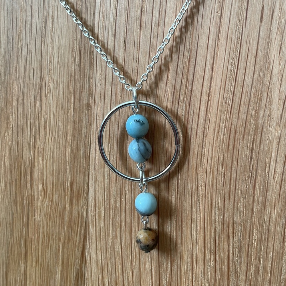 ice cold blue and brown gemstones with silver hoop necklace